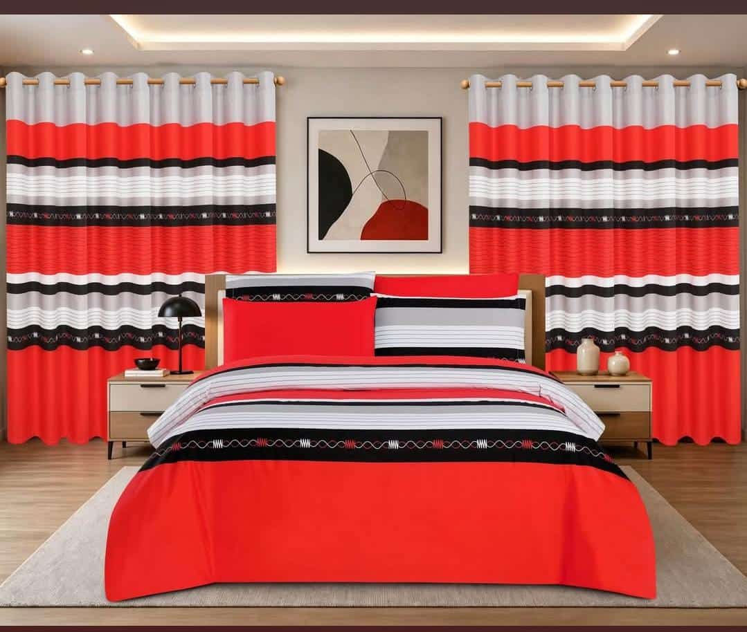 Red, Black, and Grey Geometric Comforter and Curtain Set